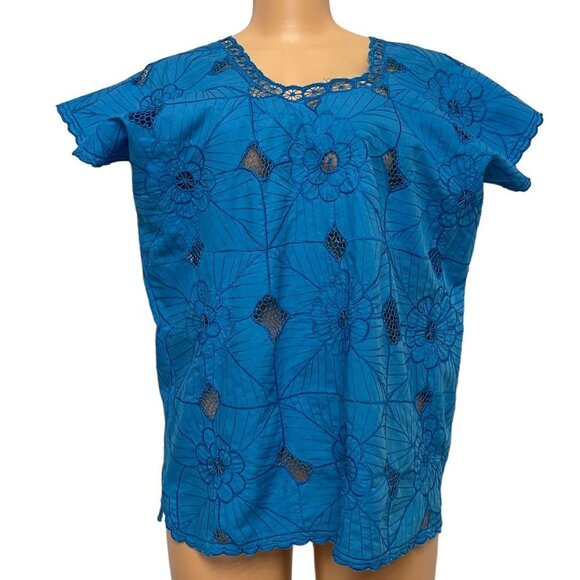 Mexican Blue Knit Embroidered Shirt Blouse Top with Camisole 2 Piece Set Size M - Picture 2 of 16